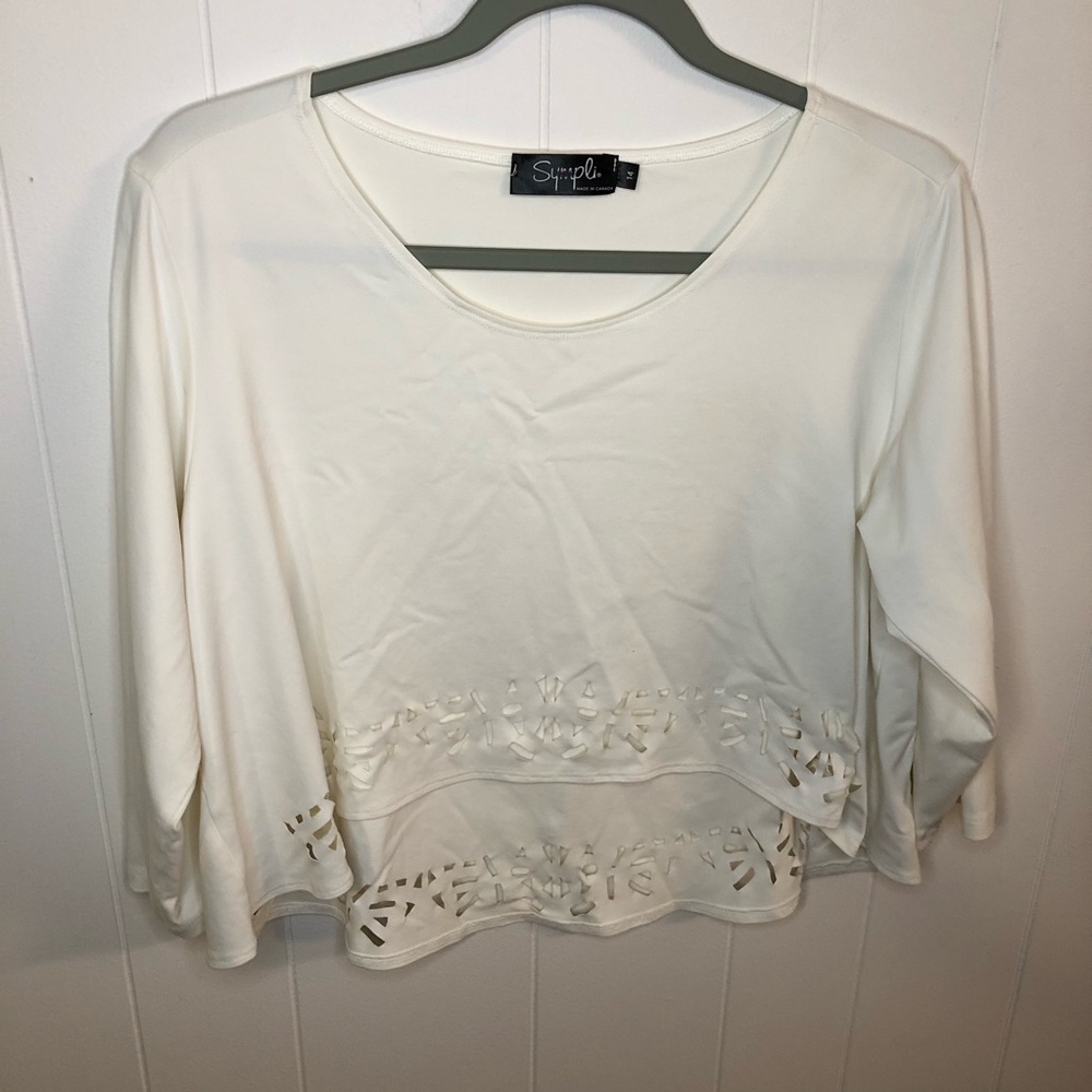 Sympli Cream Laser-Cut Mosaic Hem 3/4 Sleeve Crop Top Size 14